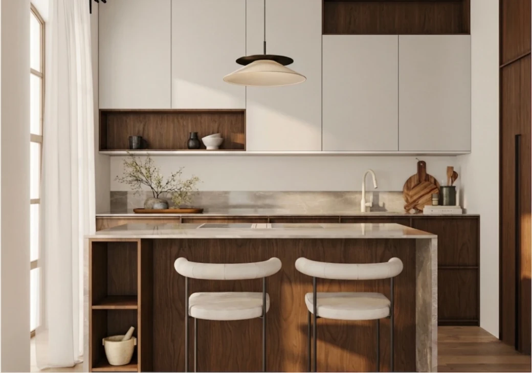 Vòi rửa bát NOBINOX AQUA NX661B màu be trong phong cách bếp tối giản kiểu Nhật Japandi