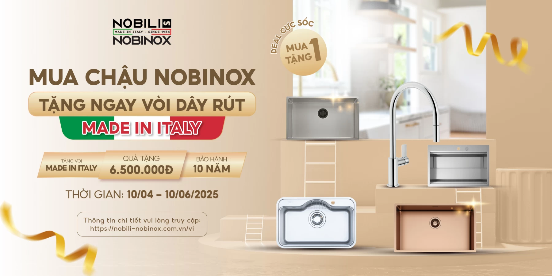 [Khuyến Mãi Tháng 4] Mua Chậu Rửa Bát Nobinox – Tặng Ngay Vòi Rửa Bát Dây Rút Cao Cấp Nobili Made in Italy 