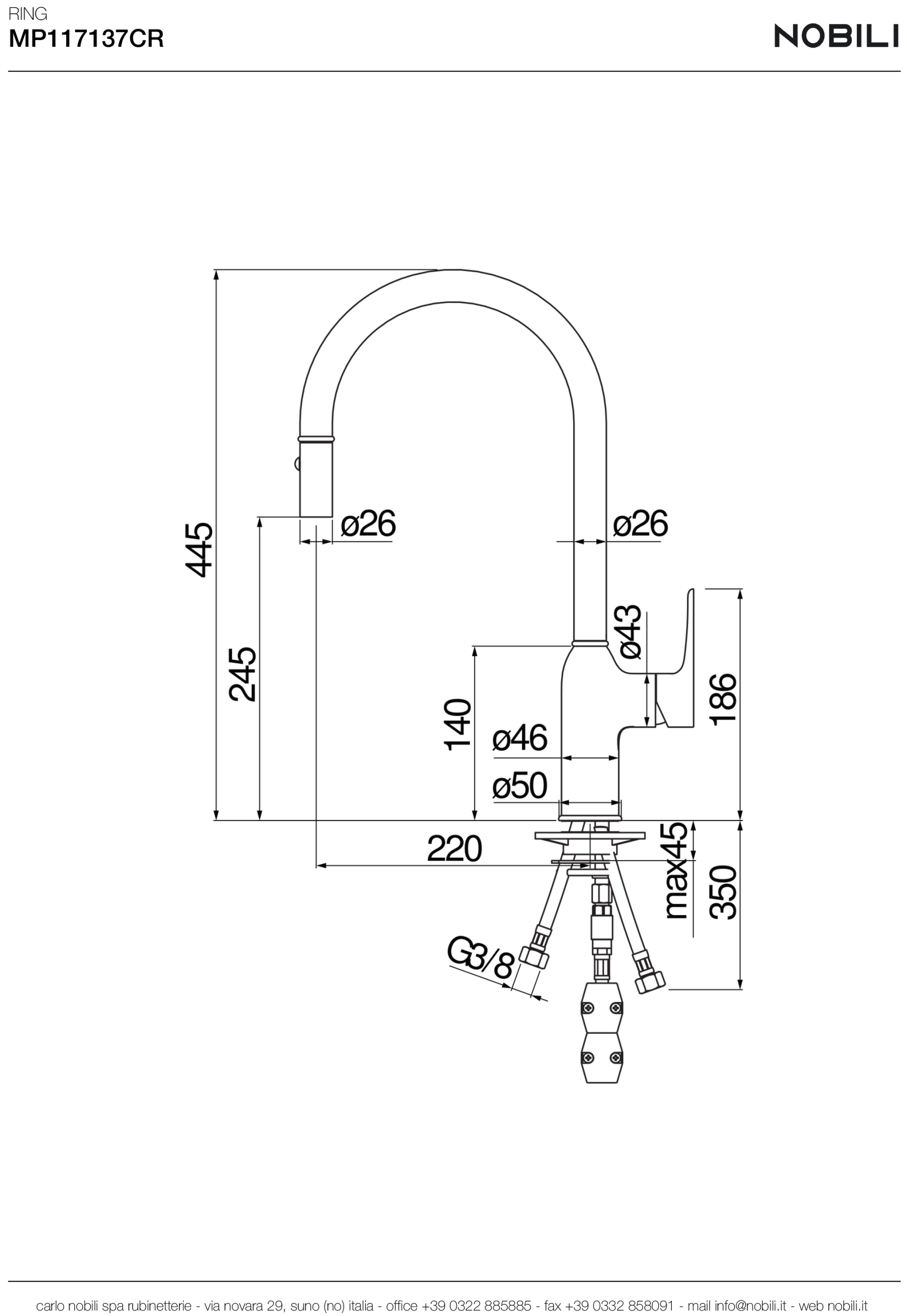 Ảnh VÒI RỬA BÁT DÂY RÚT NOBILI RING NB130LTB 20