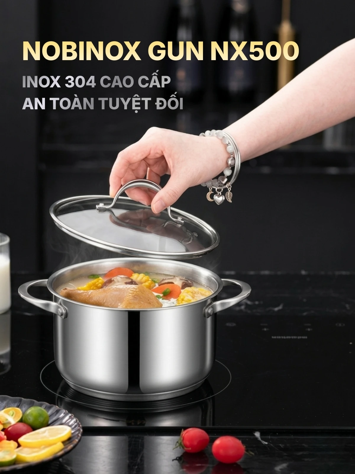 BỘ NỒI CHẢO QUÁNH INOX 4 MÓN NOBINOX GUN NX500 - hover