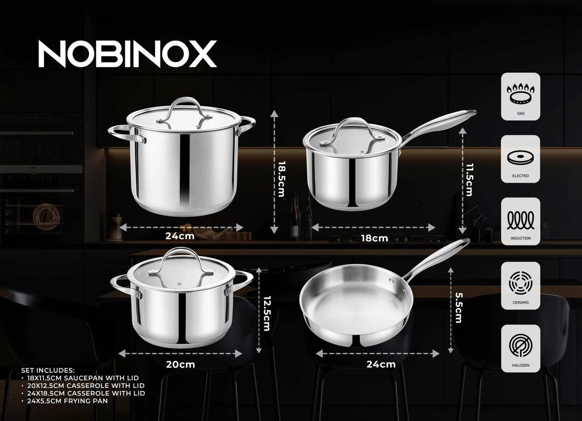 Ảnh BỘ NỒI CHẢO QUÁNH INOX 4 MÓN NOBINOX GUN NX500 5